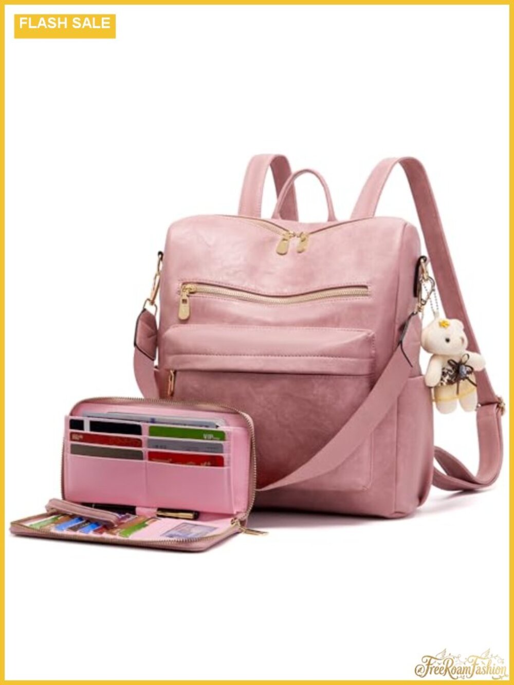 Women's Vegan Leather Backpack Purse Set with Wallet, Travel Laptop Bag